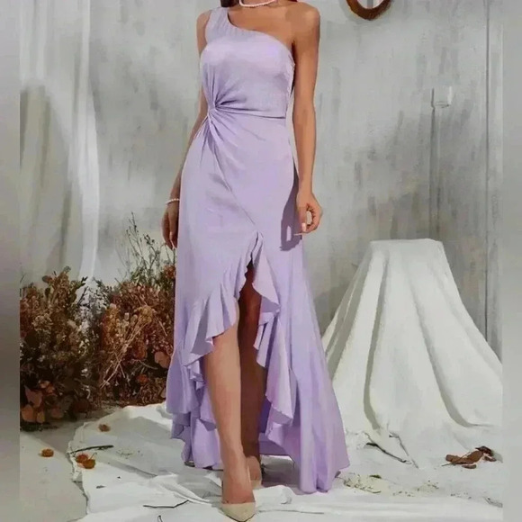 SHEIN Belle One Shoulder Twist Asymmetric Ruffle Hem Dress purple size M - Picture 4 of 12